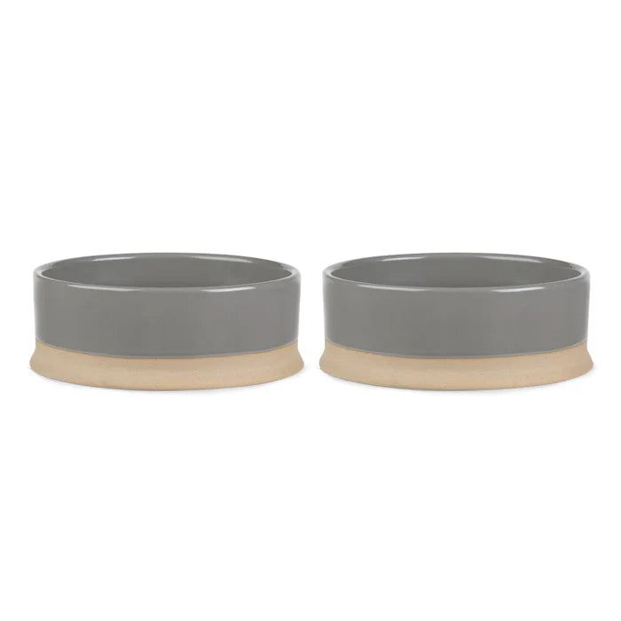 Scruffs Scandi non-tip pet bowl in grey stoneware, with a flared base and a band of unglazed natural clay