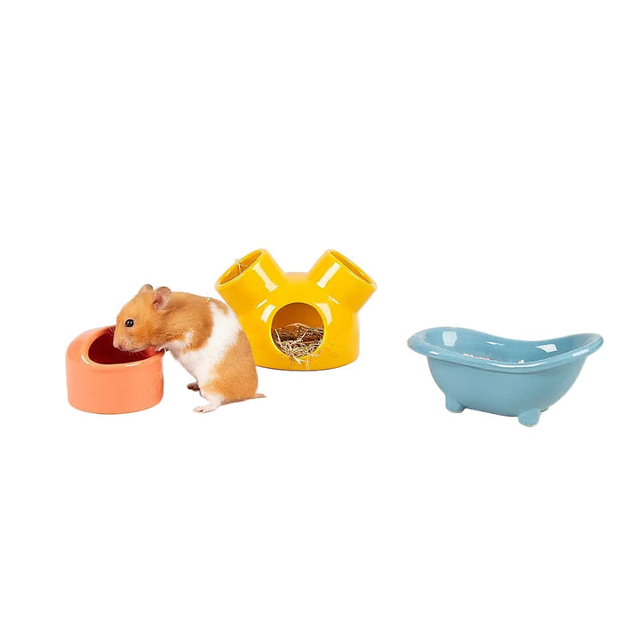 Scruffs three-piece dolomite small pet set in bright colours, comprising a house, sand bath and food bowl