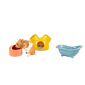 Scruffs three-piece dolomite small pet set in bright colours, comprising a house, sand bath and food bowl