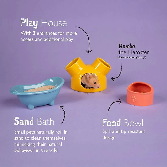 Scruffs colours ceramic small pet set arranged to show the house entrance and the shallow sand bath