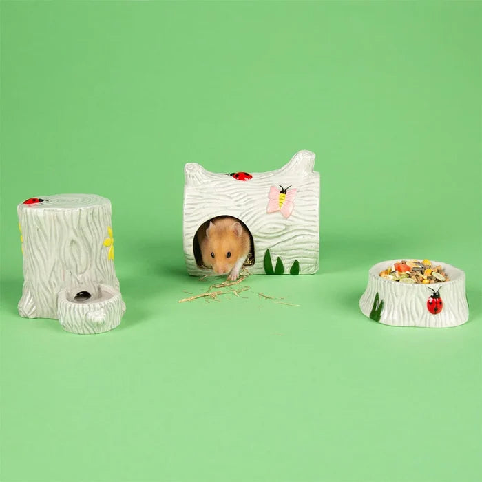 Scruffs small pet ceramic set in the woodland design, with log house, tree water well and stump food bowl