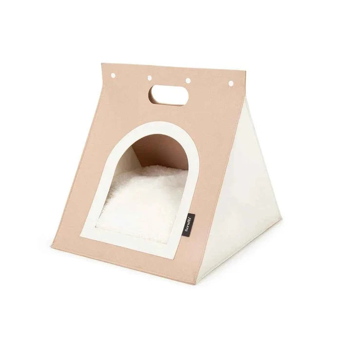Scruffs Stockholm bag-style felt cat bed, 40 x 45 x 40cm with a faux fur cushion inside