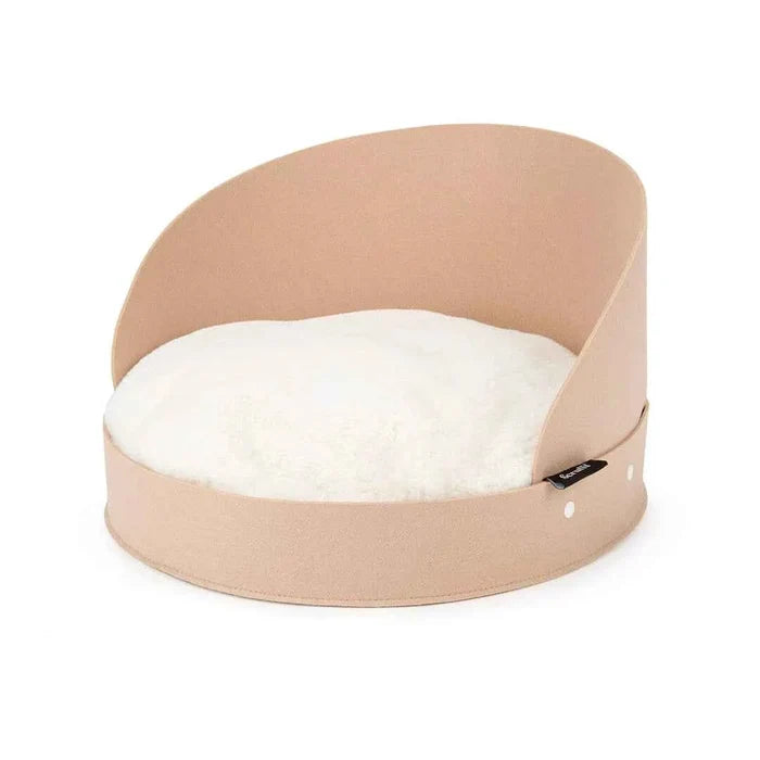 Scruffs Stockholm round cat bed in tan felt with a soft cushion set into the base