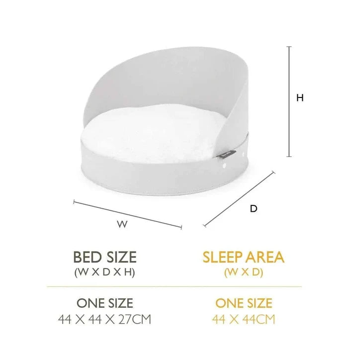 Dimension diagram for the Scruffs Stockholm round cat bed, marked 44cm wide by 44cm deep by 27cm high