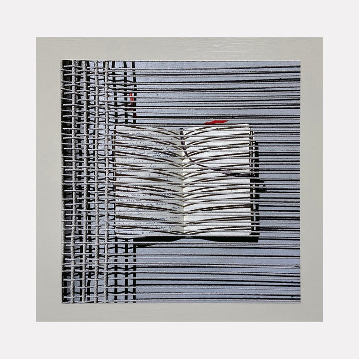 The artwork 'Sentence Structure String 3' by Anne Sherwood Pundyk features a minimalist composition of parallel horizontal black lines on a light background, with a central book-like form created by converging lines. A small red accent punctuates the monochromatic design, creating visual tension against the geometric pattern. The piece combines precision and artistic abstraction.