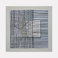 The artwork 'Sentence Structure String 5' by Anne Sherwood Pundyk features a striking monochromatic composition of parallel horizontal lines intersected by vertical text patterns. Black and white archival print displays a grid-like structure with systematic breaks, creating a rhythmic visual pattern. Small text blocks appear integrated within parallel striations, mounted on wood panel.
