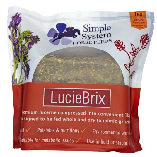 Simple System Lucie Brix, a single 1kg compressed lucerne block for horses