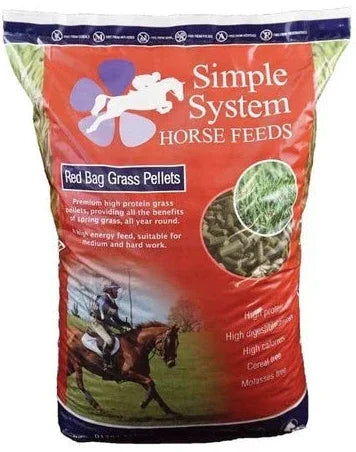 Simple System Red Bag Grass Pellets, high protein fescue grass nuts in a 20kg bag