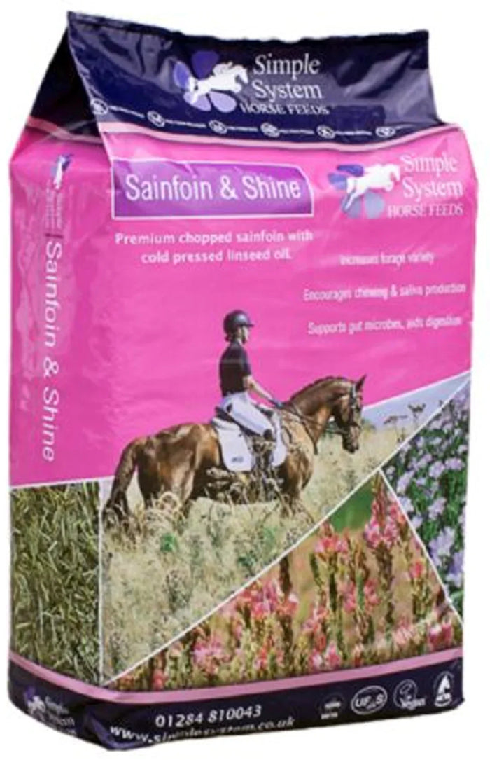 Simple System Sainfoin & Shine 18kg bag, chopped sainfoin forage with cold-pressed linseed oil