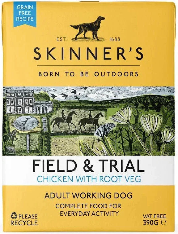 Skinner's Field & Trial chicken with root veg wet dog food, case of eighteen 390g cartons