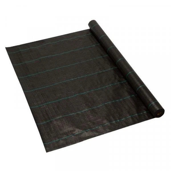 Rolled Smart Garden G100 woven anti-weed membrane in black, 1m by 15m, shown in its retail wrap
