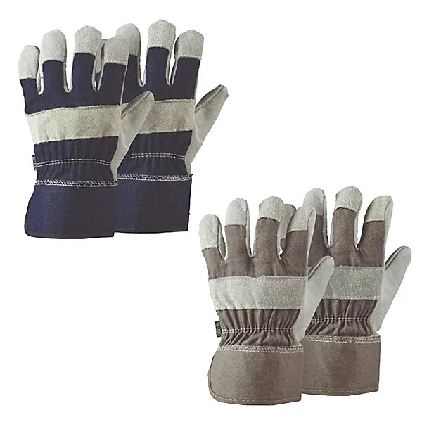 Pair of Smart Garden Tuff Riggers gardening gloves in navy and grey with a pale leather palm and rigger cuff