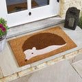 Coir doormat printed with a large hedgehog design, rectangular 75 by 45cm with a dark coir pile