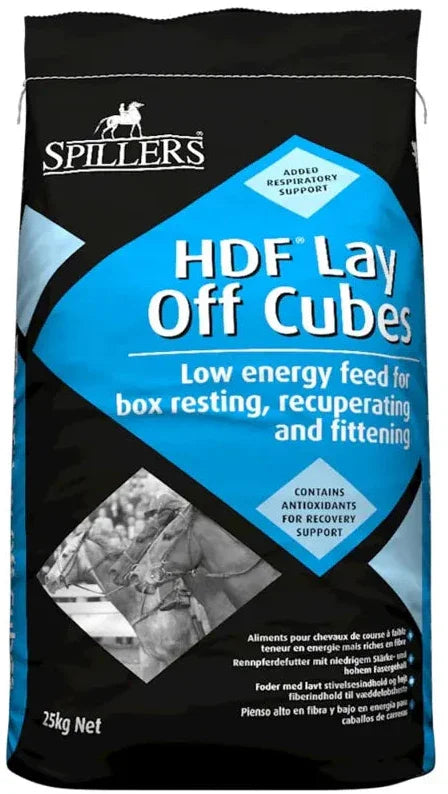 SPILLERS HDF Lay Off Cubes 25kg feed sack, a low starch high fibre cube for resting racehorses