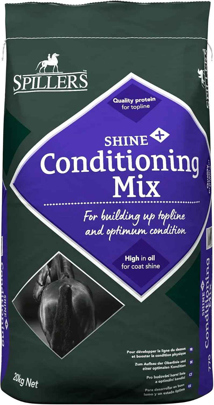 Spillers Shine+ Conditioning Mix 20kg pack shown front on with the feeding information panel