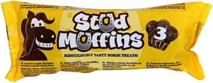 Three individually wrapped Stud Muffins horse treats in a row