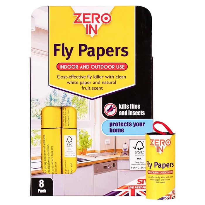 Pack of eight Zero In sticky fly papers, each coiled in its own card tube