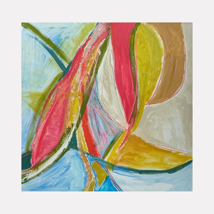 The artwork 'Summer Fruit' by Beth Barry features vibrant abstract shapes reminiscent of sliced tropical fruits, rendered in bold coral pink, sunny yellow, and cool blue tones. Dynamic brushstrokes and flowing lines create movement across the canvas, while textured acrylic paint adds depth to the 24x24 inch composition. Original artwork by Beth Barry.