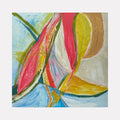 The artwork 'Summer Fruit' by Beth Barry features vibrant abstract shapes reminiscent of sliced tropical fruits, rendered in bold coral pink, sunny yellow, and cool blue tones. Dynamic brushstrokes and flowing lines create movement across the canvas, while textured acrylic paint adds depth to the 24x24 inch composition. Original artwork by Beth Barry.