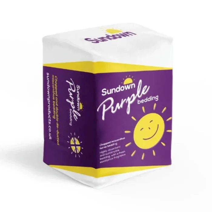 Additional view of the Sundown Purple miscanthus bedding bale and its printed wrapper