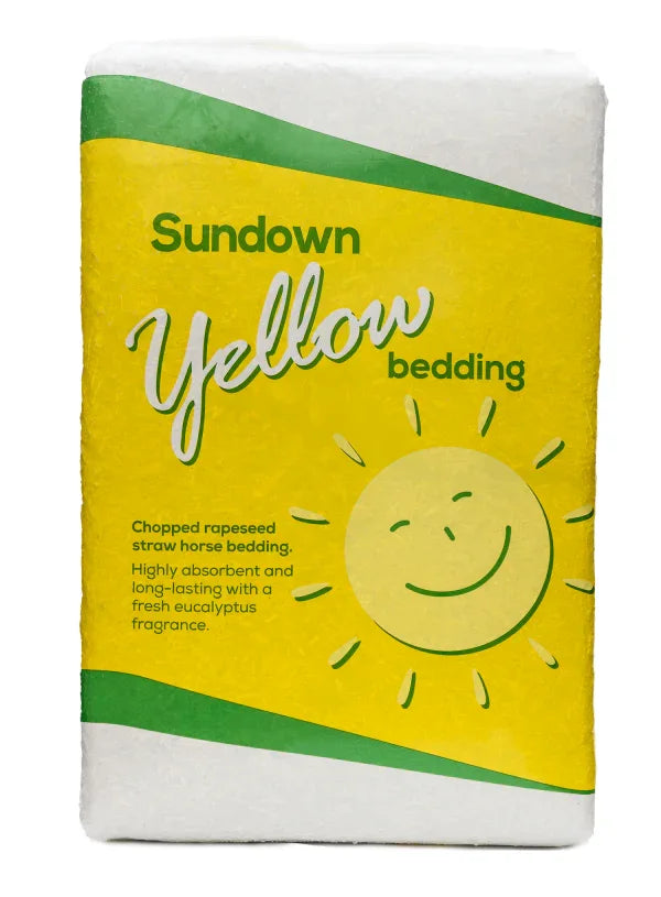 Sundown Yellow chopped rapeseed straw horse bedding in a wrapped 19kg bale