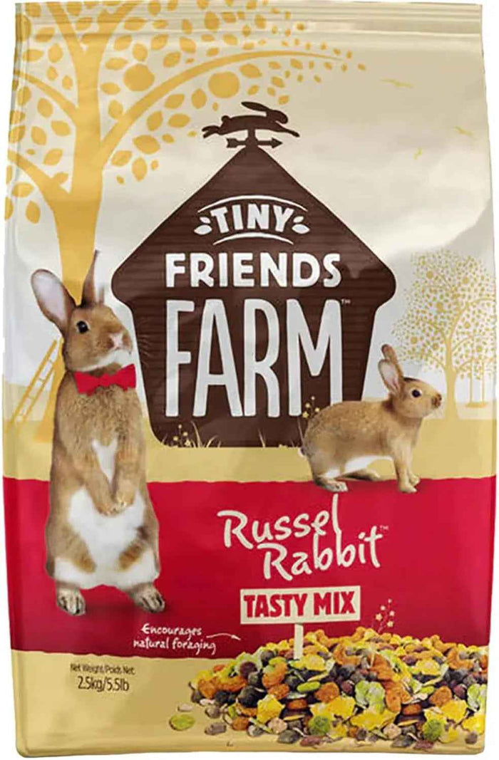 Supreme Tiny Friends Farm Russel Rabbit Tasty Mix 2.5kg bag, front of pack with the loose muesli mix pictured