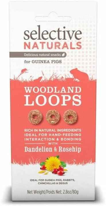 Supreme Selective Naturals Woodland Loops, an 80g pack of ring-shaped hay and dandelion treats