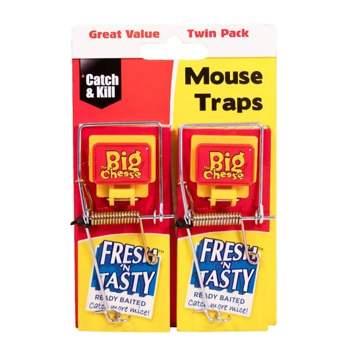 The Big Cheese Fresh Baited Mouse Trap twin pack, two pre-baited snap traps in their retail packaging