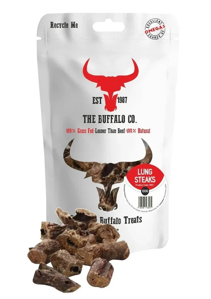 The Buffalo Co. Buffalo Lung Steaks, air-dried lung pieces sold as a 100g dog chew