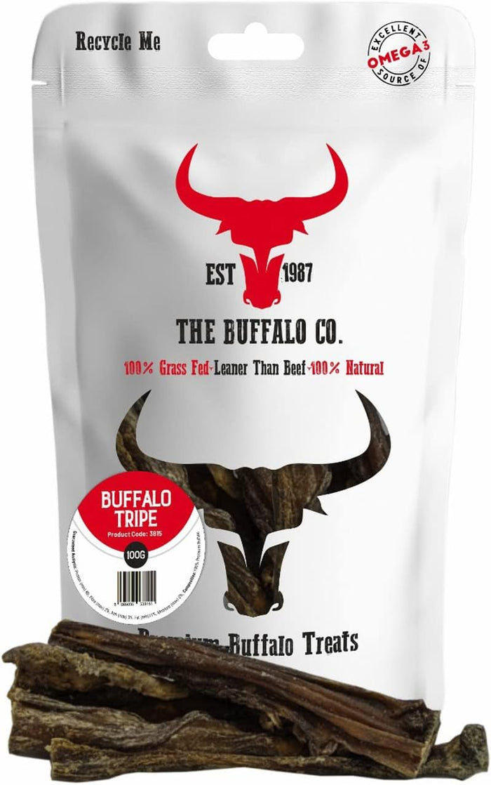 The Buffalo Co. Buffalo Tripe, air-dried green tripe dog treats in a 100g pack