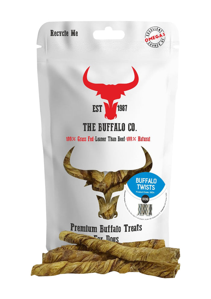 The Buffalo Co. buffalo twists, twisted air-dried buffalo chews with ridged edges