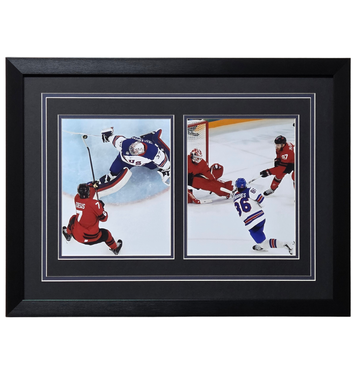 The Save &amp; The Goal: '26 Team USA Gold Unsigned Professionally Framed Dual 8x10 Displa