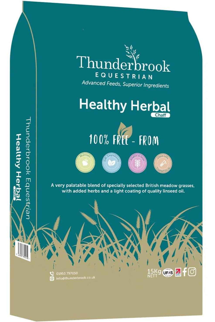 Thunderbrook Healthy Herbal Chaff 15kg bag of linseed-coated meadow grass chaff with herbs