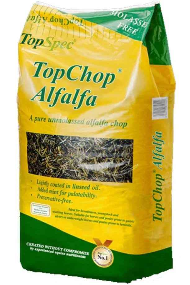 TopSpec TopChop Alfalfa 15kg bag of chopped alfalfa with mint, front of pack