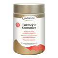 A bottle of Radiance Turmeric Gummies on a plain white background. The bottle is a gold plastic container, featuring a white label with black and red text. Supports joint comfort & mobility. Natural antioxidants for everyday wellness.