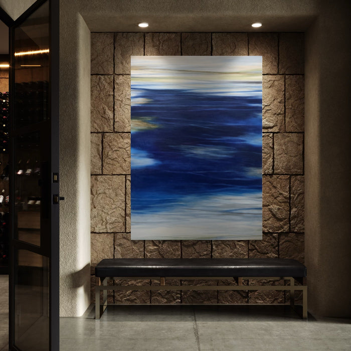 A photo of the artwork Waves #111, by Bob Melzmuf, hanging on a wall.