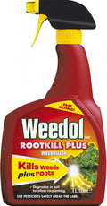 Weedol Rootkill Plus 1 litre ready-to-use weedkiller trigger spray bottle, front of pack