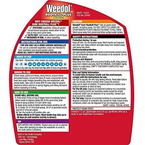 Reverse of the Weedol Rootkill Plus 1 litre bottle showing the printed label with directions and safety information