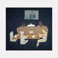The artwork 'Welcome Home, Honey' by Ali Ha depicts a dining scene with figures seated at a curved brown table against a dark background. A faded fabric piece hangs above, while chairs with gray patterns line the table. The collage uses donated fabrics in earth tones, with delicate acrylic paint details creating a nostalgic atmosphere.