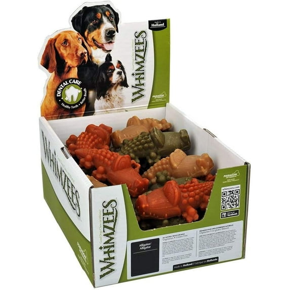 Whimzees Alligator dental dog chews as supplied in a bulk cardboard box