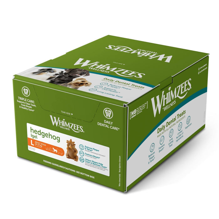 Whimzees Hedgehog dental dog chews as supplied in a bulk cardboard box