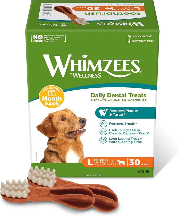 Whimzees Toothbrush dental dog chews as supplied in the box of 30