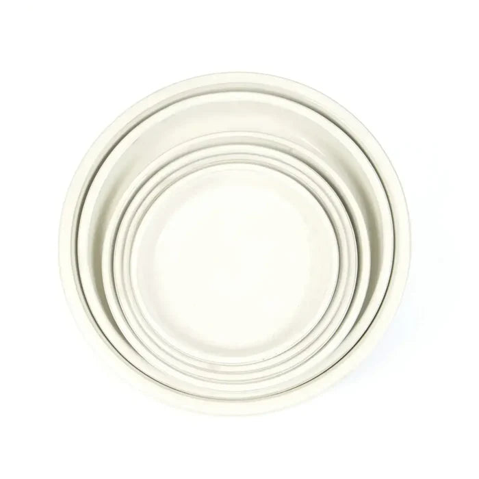 Woodlodge Blossom pot saucer in gloss white glaze, shallow round dish 41cm across viewed from above