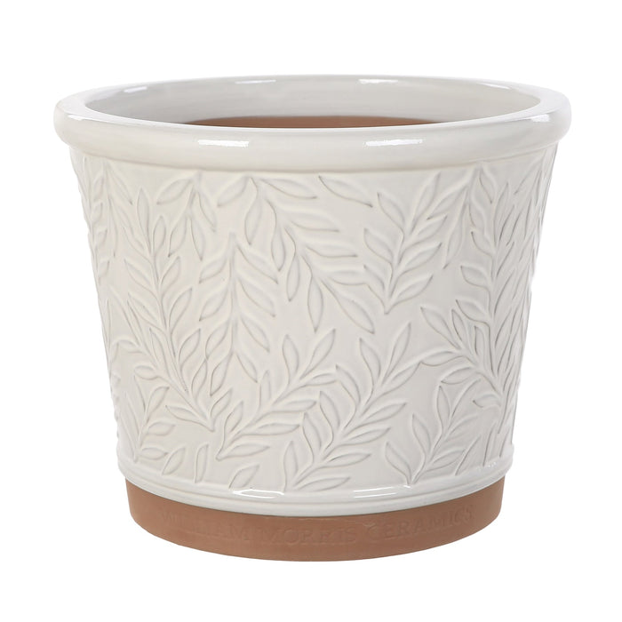 Woodlodge William Morris garden pot in cream glaze with a patterned band, tapered ceramic form shown empty