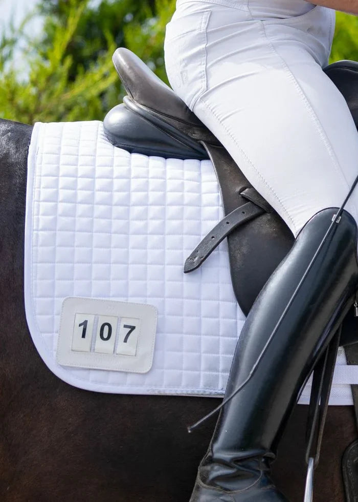 Woof Wear three digit dressage number holder, closer view of the number cards in place