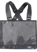 Woof Wear event number bib in black, clear A4 number panels front and back with adjustable straps