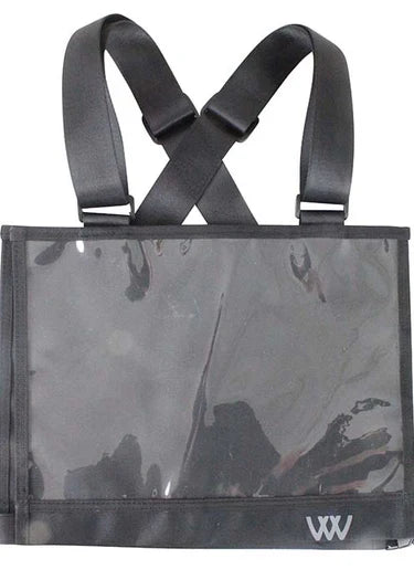 Woof Wear event number bib in black, clear A4 number panels front and back with adjustable straps