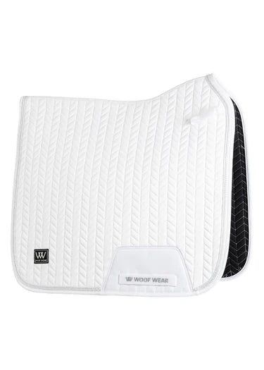Woof Wear Herringbone dressage saddle pad in white, full size, long straight dressage cut