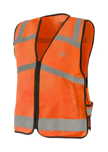 Woof Wear hi vis riding vest in orange, adults small, front view with centre zip