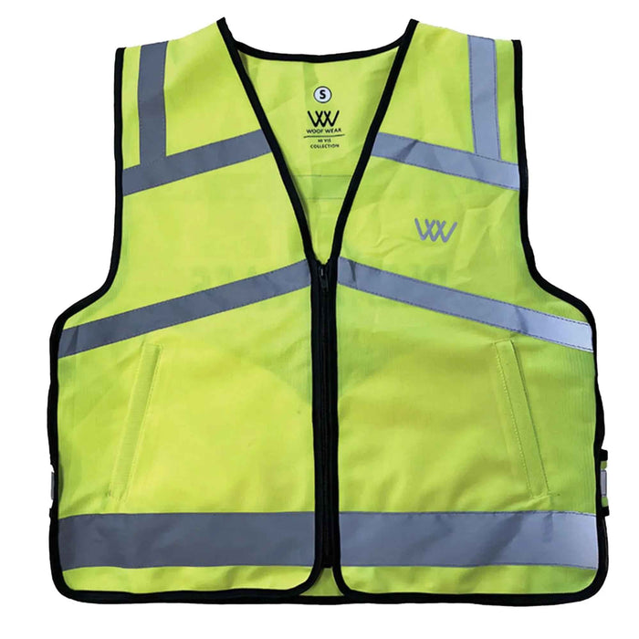 Woof Wear hi vis riding vest in fluorescent yellow with a front zip and zipped pockets